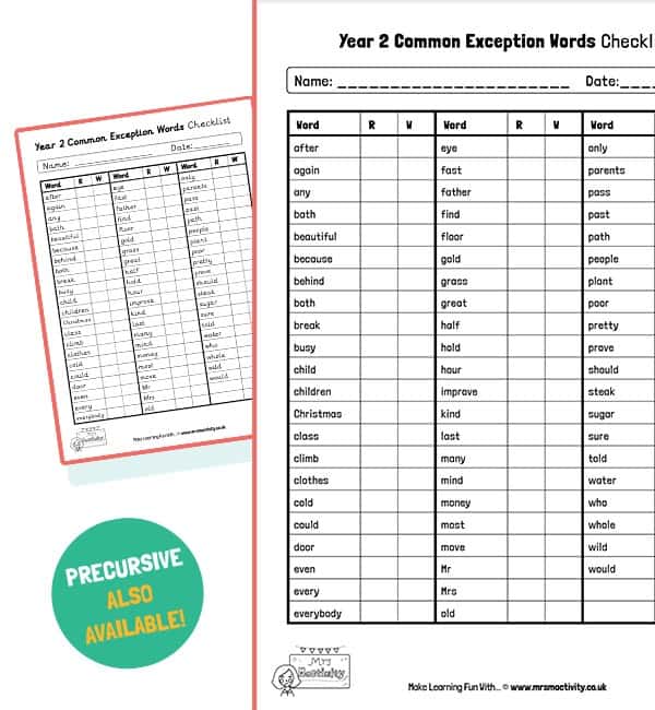 year 2 common exception words