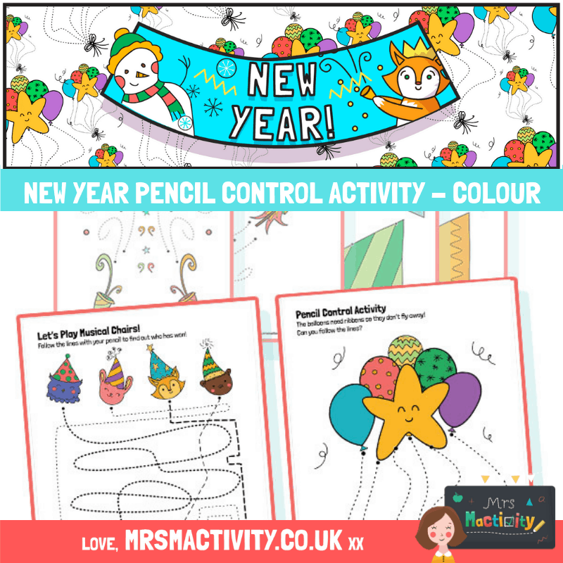 New Year Pencil Control Activity Pages – Compact – Colour