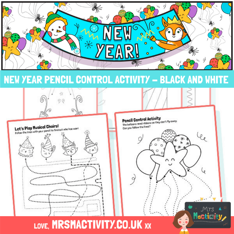 New Year Pencil control activity black and white
