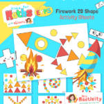 Firework 2D shape activity sheet showing colourful rockets and fireworks made from circles, triangles and diamonds — EYFS and KS1 fireworks maths activity.