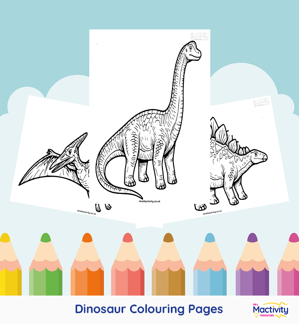 Printable dinosaur colouring pages featuring T. rex, Triceratops, Stegosaurus, Brachiosaurus and Pteranodon for children.