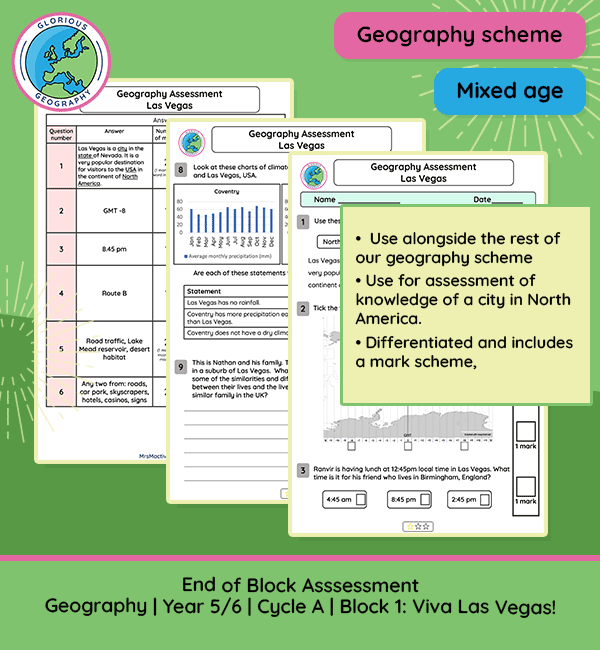 Test pupils' knowledge of North America with the End of Block Assessment for Year 5/6, Cycle A, Block 1: *Viva Las Vegas*. Covers key concepts from the unit, including geography, culture, and key landmarks. Perfect for tracking progress and assessing understanding.