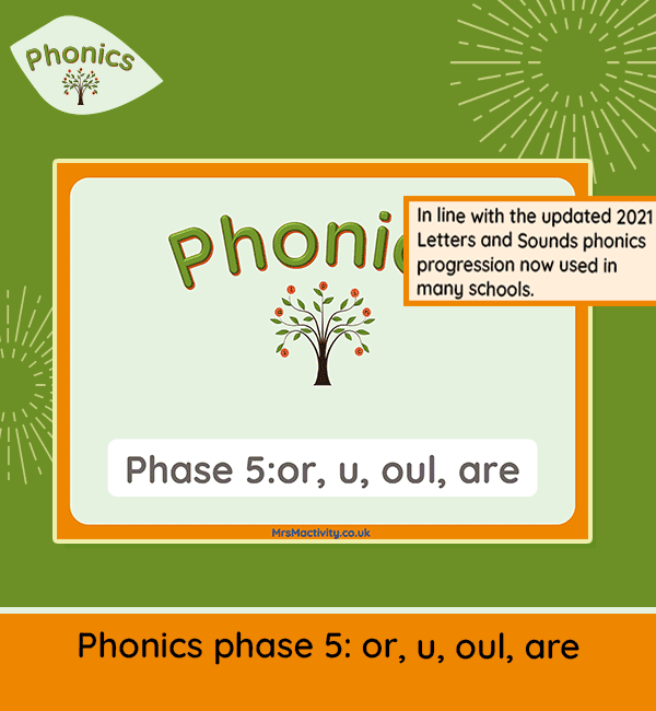 Phase 5 phonics presentation covering or, u, oul and are with tricky word practise and example sentences