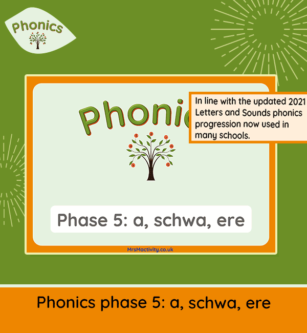 Phase 5 phonics presentation teaching a, schwa vowel sounds and ere with tricky word spelling