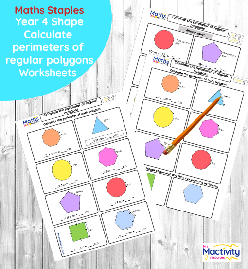 Year 4 perimeter worksheet showing regular polygons