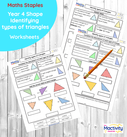 Year 4 triangle worksheet with labelling and classification tasks