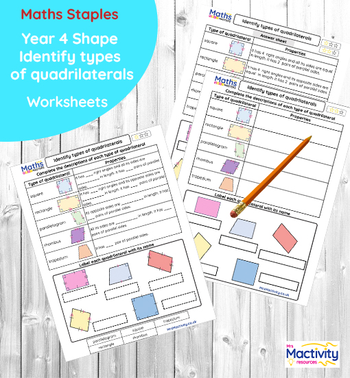 Year 4 worksheet with quadrilaterals labelling and shape classification activity