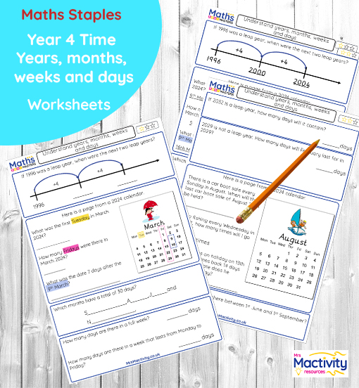Year 4 time worksheet with calendar-based questions on years, months, weeks and days