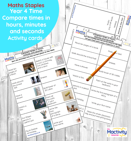 Year 4 maths activity card showing time-based tasks for sorting by duration using hours, minutes and seconds