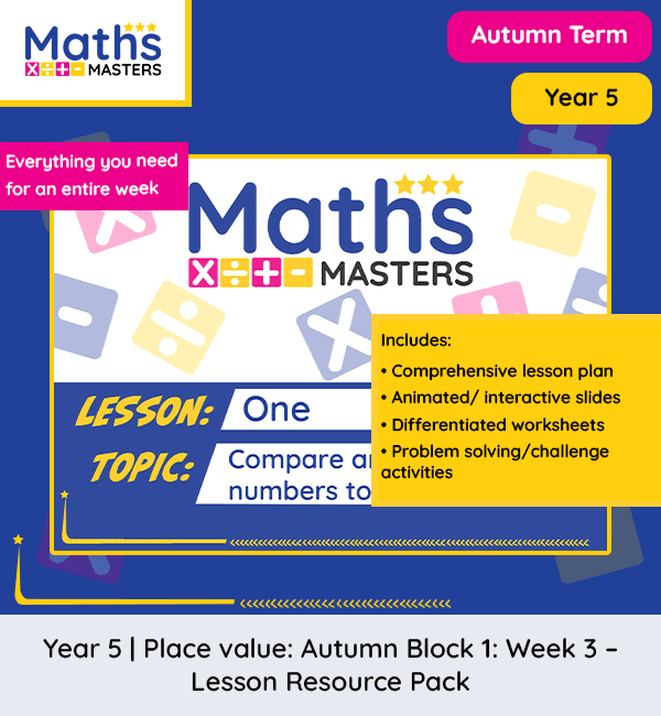 Year 5 place value resources for Autumn Week 3 – compare, order and round numbers to 1,000,000 with worksheets and slides