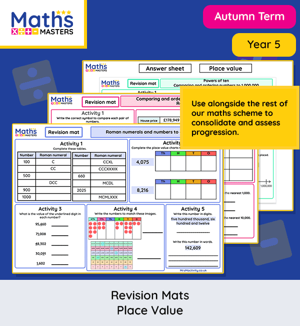 Year 5 place value revision mat with Roman numerals, rounding, and number comparison activities Let me know if you want a downloadable blurb version too.