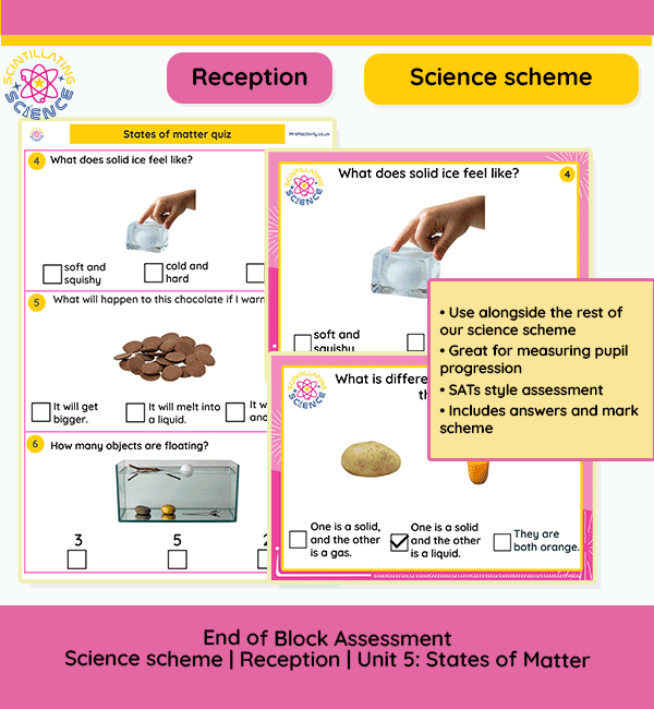 Reception States of Matter assessment quiz for EYFS science scheme