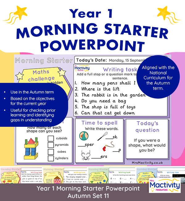 Year 1 morning starter PowerPoint Autumn term – daily retrieval practice and early morning work aligned to the National Curriculum