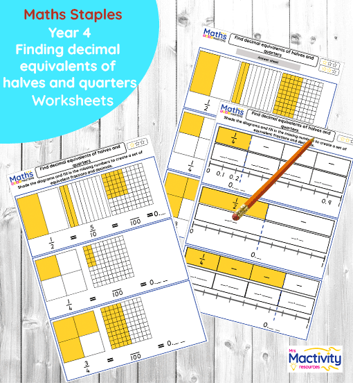 Finding decimal equivalents of halves and quarters Year 4 worksheets