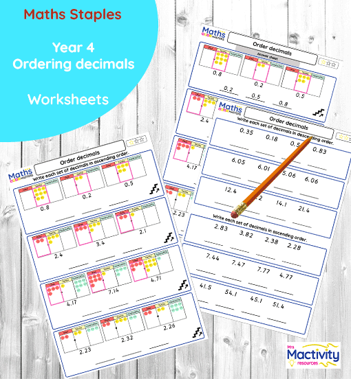 Ordering decimals Year 4 worksheets