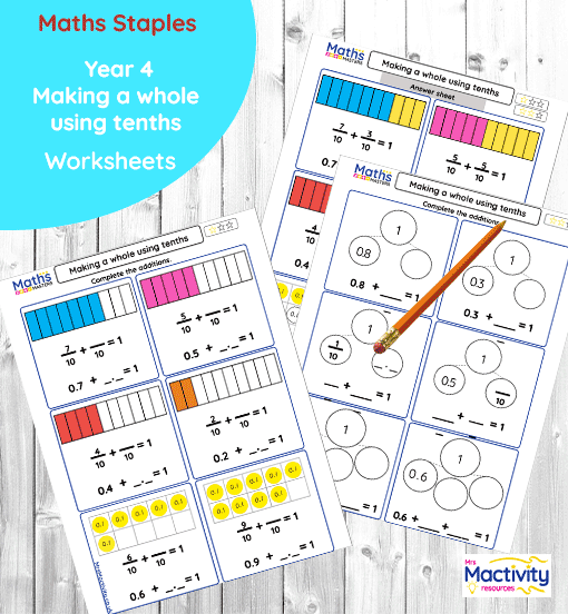 Year 4 making a whole using tenths worksheets with visual models