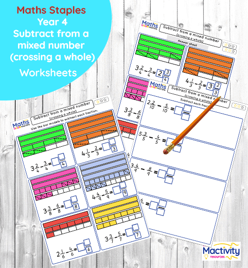 Year 4 subtract from a mixed number worksheet (crossing a whole)
