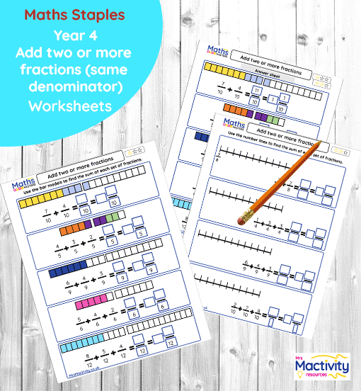 Year 4 add two or more fractions worksheet