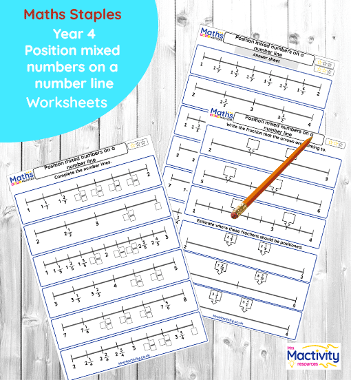 Year 4 position mixed numbers on a number line worksheet pack with number line activity and PowerPoint