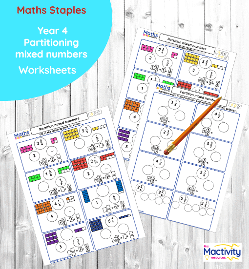 Year 4 partitioning mixed numbers worksheet for fractions lesson