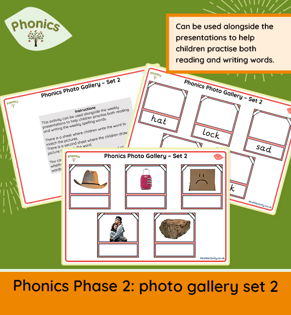 Phase 2 phonics photo gallery worksheets for Reception reading and spelling practice
