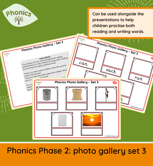 Phase 2 phonics worksheets for Reception – photo gallery spelling and reading activities