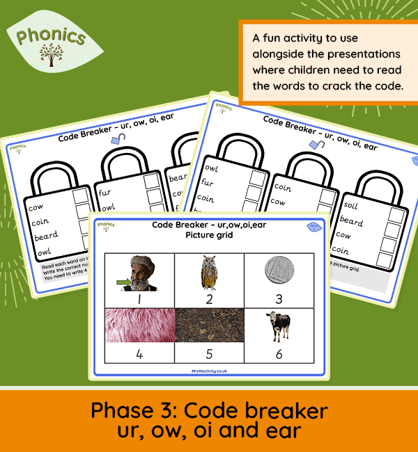 Code Breaker Phase 3 ur, ow, oi, ear phonics worksheet showing lock words and matching picture grid with answer sheet.