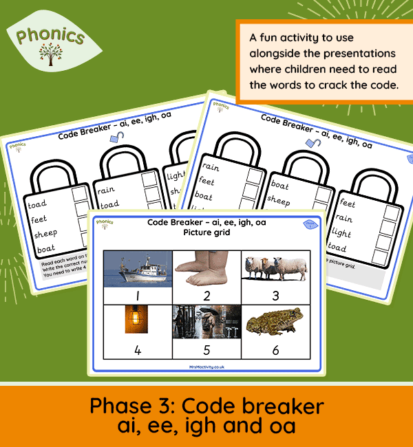 Phase 3 Code Breaker ai ee igh oa phonics worksheet for Reception with answer sheet