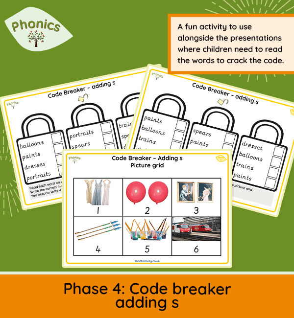 Phase 4 Code Breaker Adding s worksheet for Reception phonics and early reading practice