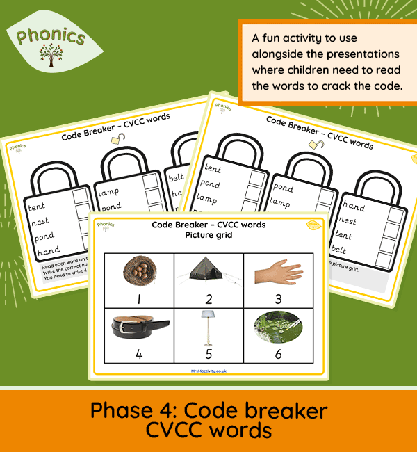 Phase 4 phonics worksheets for CVCC words – code breaker activity sheet with picture matching