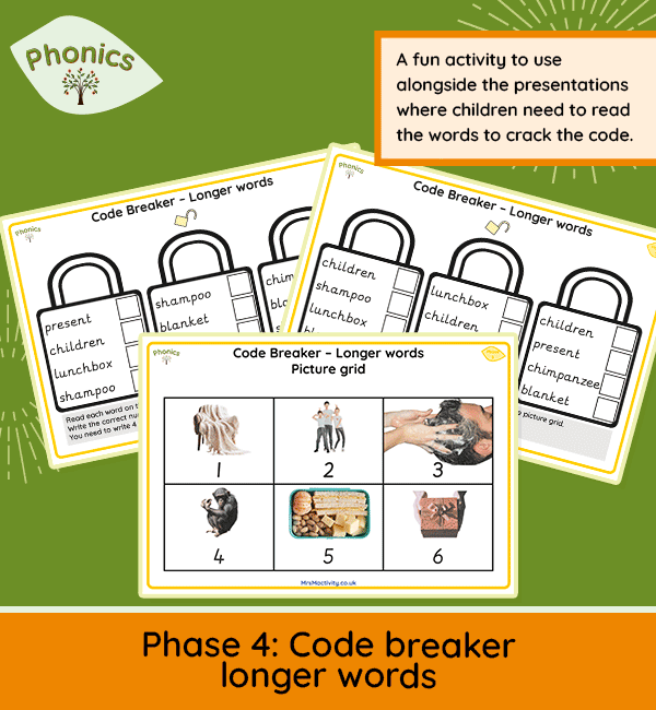 Phase 4 phonics worksheets longer words – code breaker puzzle with picture matching