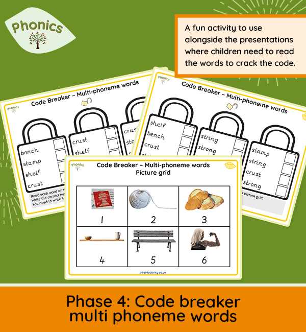 Phase 4 phonics worksheets multi-phoneme words – code breaker puzzle with picture grid
