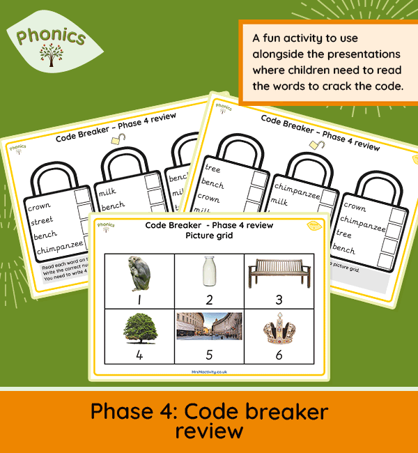 Phase 4 phonics worksheets review – code breaker puzzle with picture grid (chimpanzee, milk, bench, tree, street, crown)