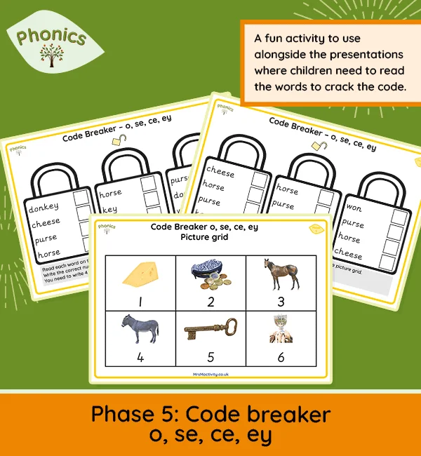 Phase 5 Code Breaker activity for o, se, ce and ey with picture grid and word matching task