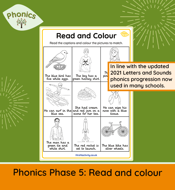 Phase 5 read and colour worksheet with captions and pictures for phonics and early reading practice