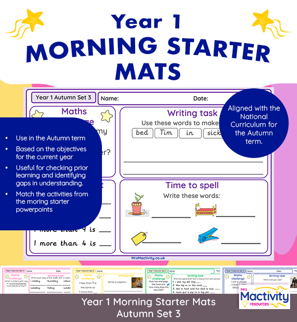 Year 1 morning starter mats Autumn Term Set 3 – daily worksheets for maths, phonics, spelling and writing