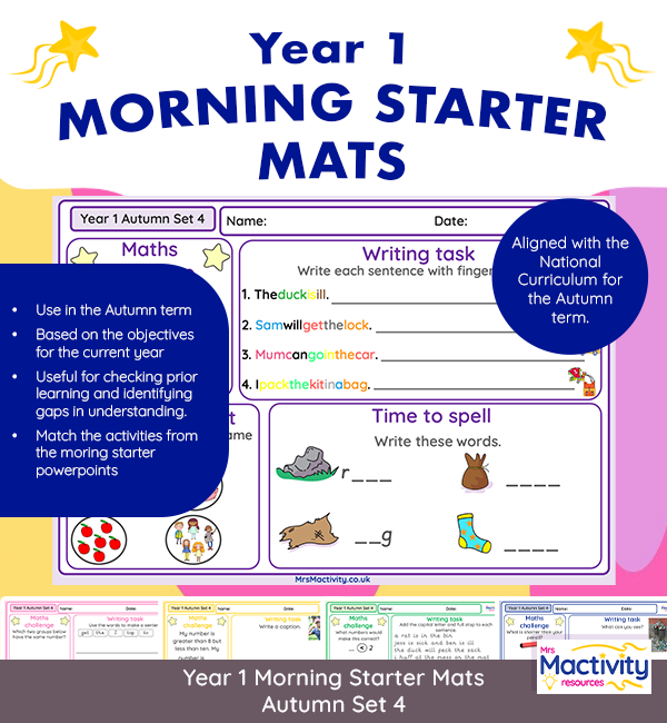 Year 1 morning starter mats Autumn Term Set 4 – worksheets for maths, spelling, writing and daily morning work