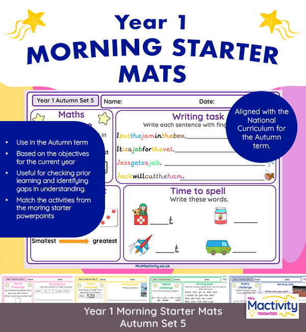 Year 1 morning starter mats Autumn Term Set 5 – worksheets for maths, phonics, spelling, writing and daily morning work