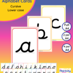 Lower-case cursive alphabet cards A–Z for EYFS and KS1 handwriting displays