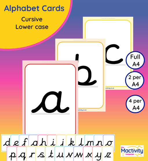 Lower-case cursive alphabet cards A–Z for EYFS and KS1 handwriting displays