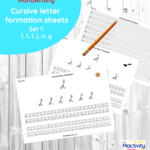 Cursive letter formation practice sheets for letters l, t, i, j, u and y – handwriting tracing sheets for KS1 and KS2 pupils.