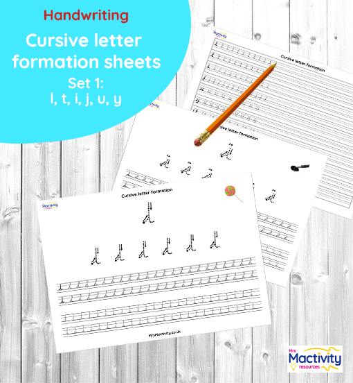 Cursive letter formation practice sheets for letters l, t, i, j, u and y – handwriting tracing sheets for KS1 and KS2 pupils.