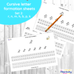 Cursive letter formation practice sheets for letters r, n, m, h, b, p and k – cursive handwriting tracing and letter join practice for KS1 and KS2 pupils.