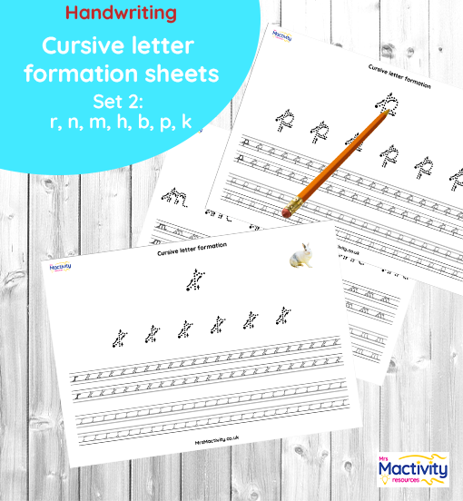Cursive letter formation practice sheets for letters r, n, m, h, b, p and k – cursive handwriting tracing and letter join practice for KS1 and KS2 pupils.