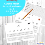 Cursive letter formation practice sheets for letters c, o, a, d, g, q, s, f and e – cursive handwriting tracing and word join practice for KS1 and KS2 pupils.
