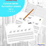 Cursive letter formation practice sheets for letters v, w, z and x – cursive handwriting tracing and short word join practice for KS1 and KS2 pupils.
