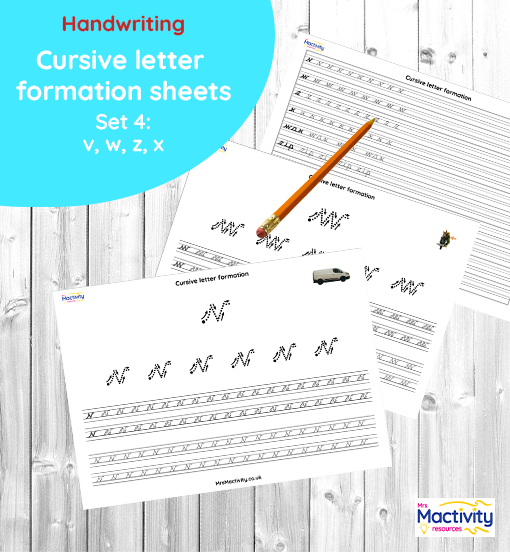 Cursive letter formation practice sheets for letters v, w, z and x – cursive handwriting tracing and short word join practice for KS1 and KS2 pupils.