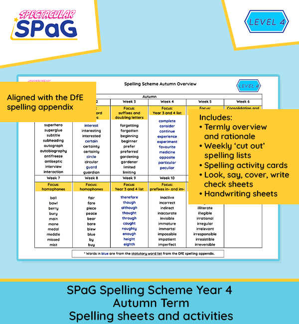 Year 4 spelling strand autumn accompanying resources
