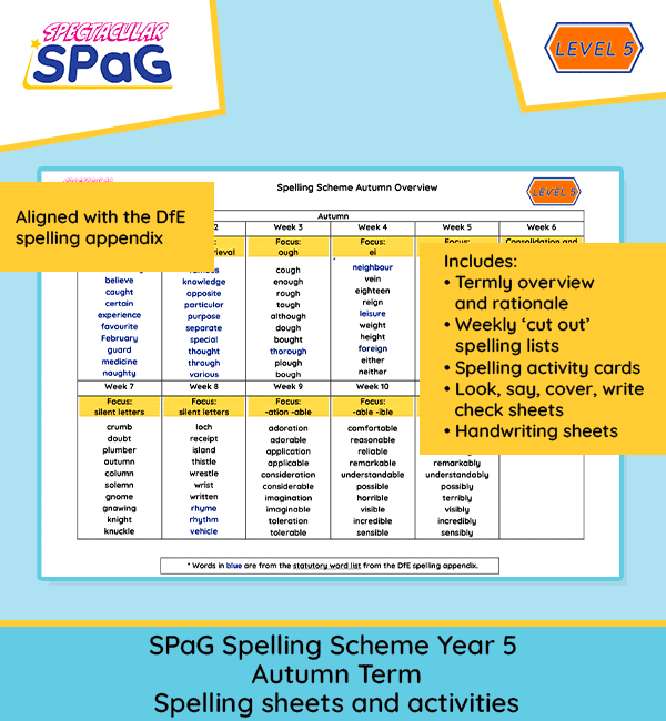 Year 5 spelling strand autumn accompanying resources