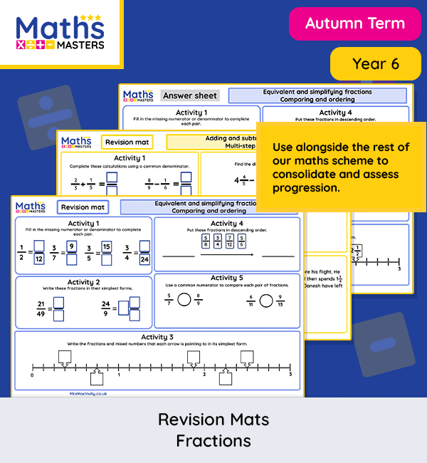 Year 6 fractions revision mats for simplifying, comparing and adding fractions